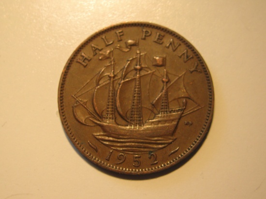Foreign Coins: 1952 Great Britain 1/2 Penny