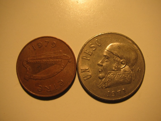 Foreign Coins:  1970 Ireland 2 Pence & 1971 Mexico 1 Peso