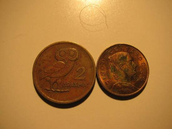 Foreign Coins: 1973 Greece 2 Drachma & 1968 Mexico 5 Centavos