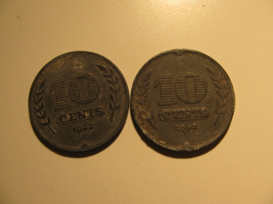 Foreign Coins: WWII 1942 2xNetherland 10 cents