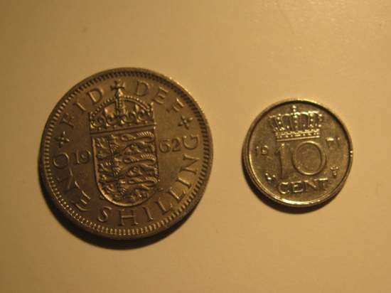 Foreign Coins: 1962 Great Britain 1 Shilling & 1971 Netherlans 10 cents