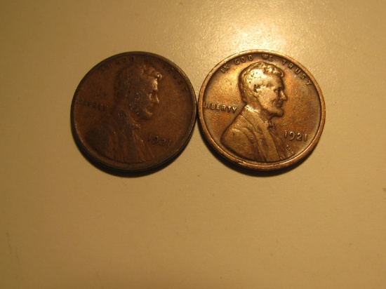 US Coins: 2x 1921 Wheat pennies