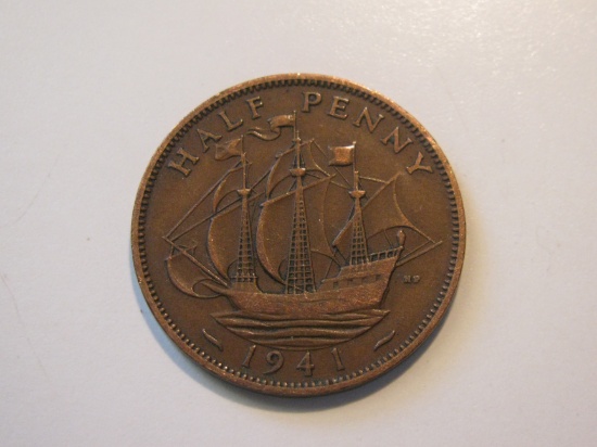 Foreign Coins: WWII 1941 Great Britain 1/2 Penny