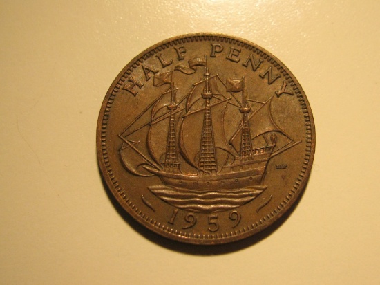 Foreign Coins: 1959 Great Britain 1/2 Penny