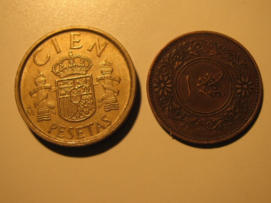 Foreign Coins: 1988 Spain 100 Pesetas& an Asian coin