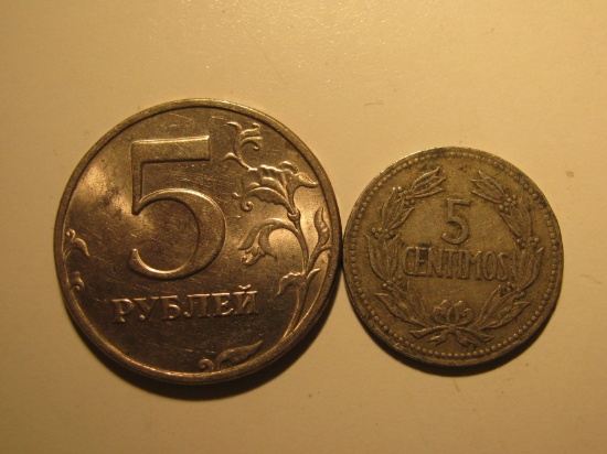 Foreign Coins: 1998 Russia 5 Rubles & 1965 Venezuela 5 Centimos