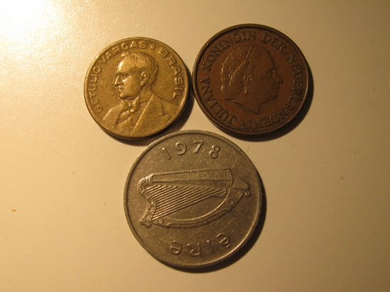 Foreign Coins: 1947 Brazil 20 Centavos, 1962 Netherlands 5 Cent & 1978 Ireland 5 Pence