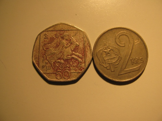 Foreign Coins: 1994 Cyprus 50 Pence & 1972 Czekoslovakia 2 Kcs