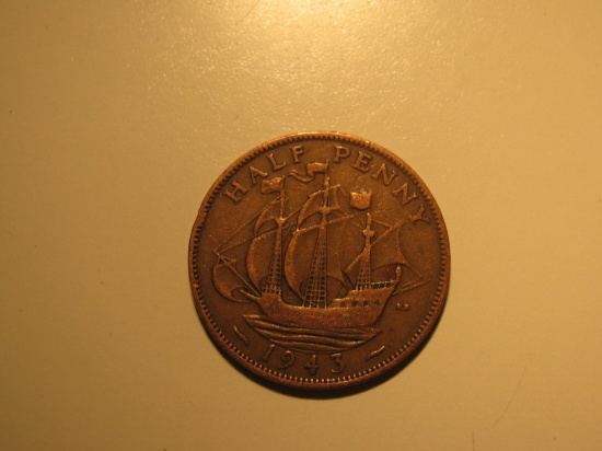 Foreign Coins: WWII 1943 Great Britain 1/2 Penny