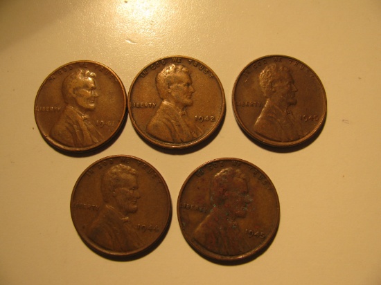 US Coins: 1941, 192, 1943, 1944 & 1945 wheat pennies
