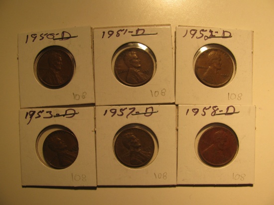 US Coins: 1951-D, 1952-D, 1953-D, 1954-D, 1957-D & 1958-D Wheat pennies
