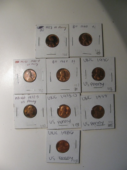 US Coins: 1958, 60, 60-D, 61, 70, 72-S, 73-D, 77 & 86 pennies