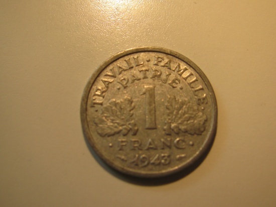 Foreign Coins:  WWII 1943 France 1 Franc (-B)