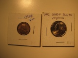 US Coins: 1x1954 VF Wheat penny & UNC 2000 Virginia Quarter