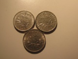 Foreign Coins:  1968, 1970 & 1972 France 1/2 Francs