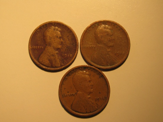 US Coins: 3x1918 Wheat pennies