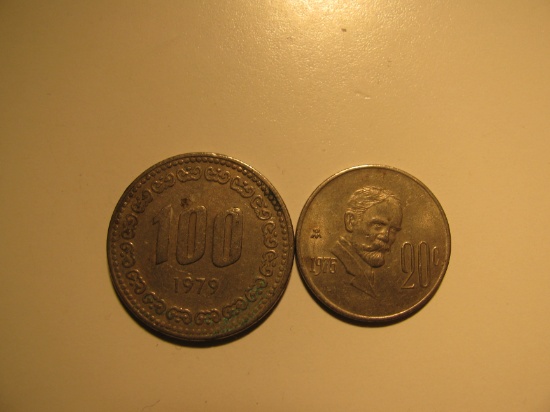 Foreign Coins:  1979 Korea 100 Won & 1976 Mexico 20 Centavos