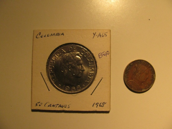 Foreign Coins: 1968 Colombia 50 Centavos & 1962 Mexico 5 Centavos