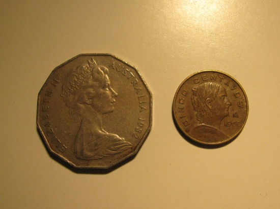 Foreign Coins:  1982 Australia 50 cents big coin & 1960 Mexico 5 Centavos