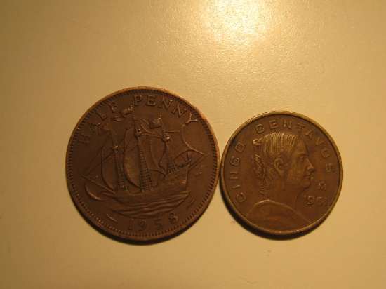 Foreign Coins: 1958 Great Britain 1/2 Penny & 1961 Mexico 5 Centavos