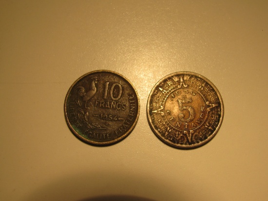 Foreign Coins:  1954 France 10 Francs & 1936 Mexico 5 Centavos