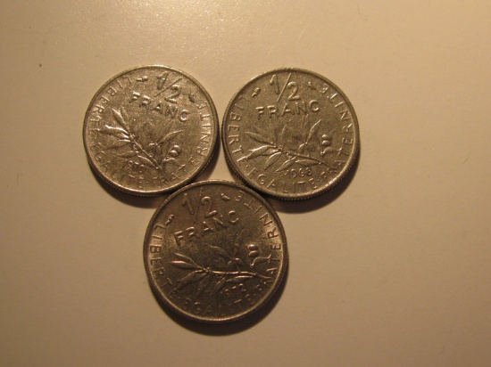 Foreign Coins:  1968, 1970 & 1972 France 1/2 Francs