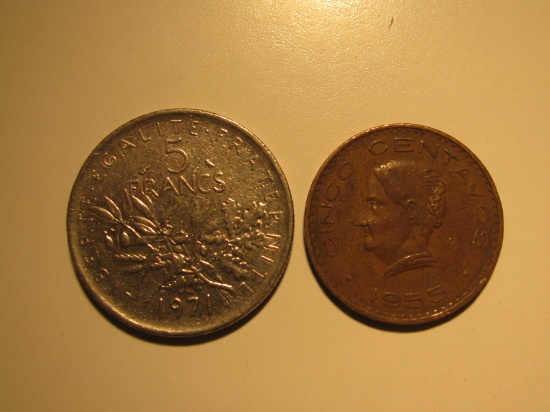 Foreign Coins: 1971 France 5 Francs & 1955 Mexico 5 Centavos