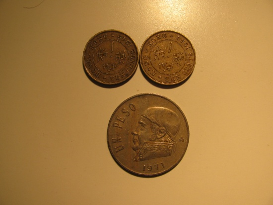 Foreign Coins: 1949 & 1950 Hong Kong 10 cents and 1971 Meico 1 Peso