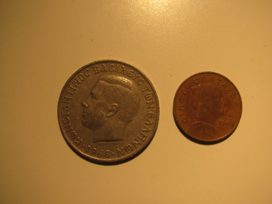 Foreign Coins: 1968 Greece 10 Drachma & 1968 Mexico 5 Centavos