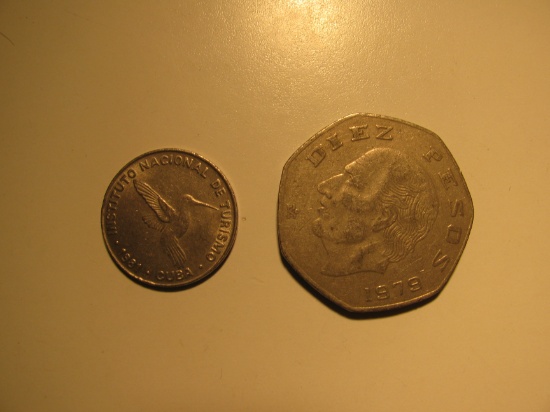 Foreign Coins:  1981 Cuba 10 Centavos & 1979 Mexico 10 Pesos