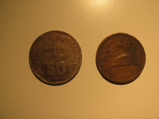 Foreign Coins: 1987 Portugal 50 Escudos & 1945 Mexico 20 Centavos