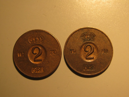 Foreign Coins:  1958 & 1964 Sweden 2 Ores