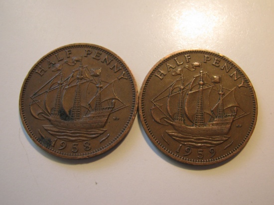 Foreign Coins: 1958 & 1959 Great Britain 1/2 Pennies