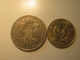 Foreign Coins: 1968 Greece 10 Drachma & 1994 Cyprus 10 unit coins