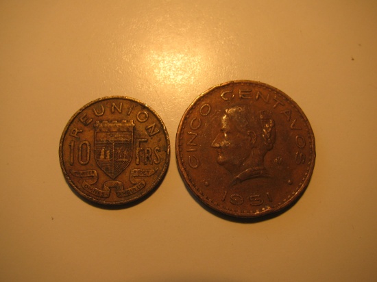 Foreign Coins:  1946 Reunion 10 Francs & 1951 Mexico 20 Centavos