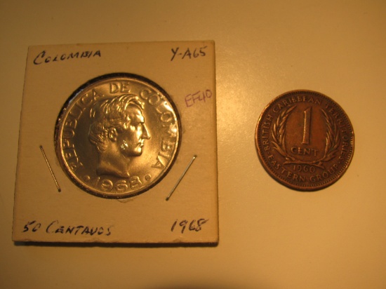 Foreign Coins: 1968 Colombia 50 Centavos & 1960 Nritish Carib. 1 Cents
