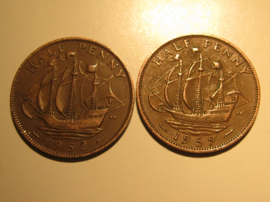 Foreign Coins: 1952 & 1959 Great Britain 1/2 Pennies