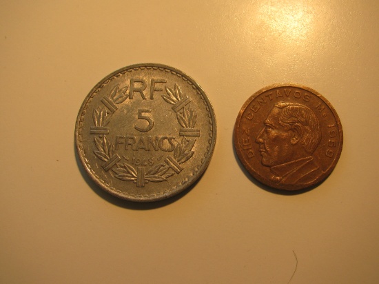 Foreign Coins:  1948 France 5 Francs & 1959 Mexico 10 Centavos