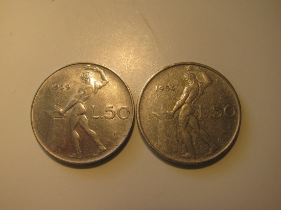 Foreign Coins:  1954 & 1959 Italy 50 Lires