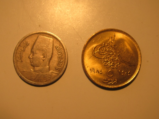 Foreign Coins:  1938 & 1985 Egypt 5 unit coin
