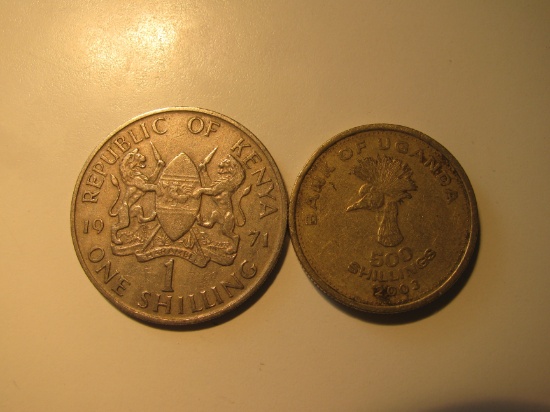 Foreign Coins:  1971 Kenya 1 Shilling & 2003 Uganda 500 Shillings