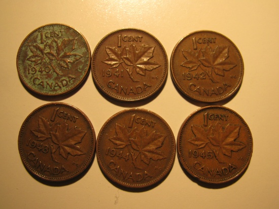 Foreign Coins:  WWII 1940- 1945 Six Canada 1 Cents