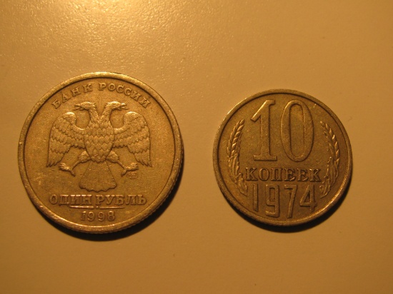 Foreign Coins:  1979 USSR 10 Kopeks & 1998 Russia 1 Rubels