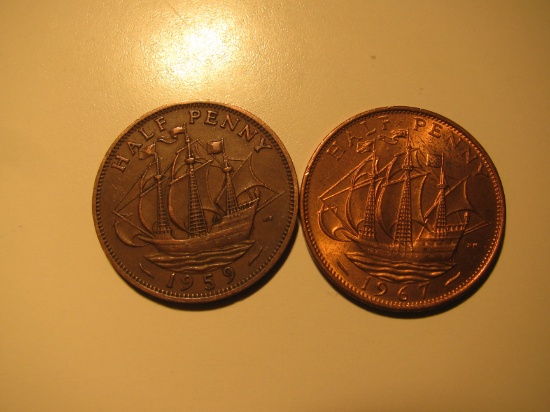 Foreign Coins: 1959 & 1967 Great Britain 1/2 Pennies