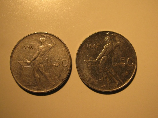 Foreign Coins:  1956 & 1962 Italy 50 Lires