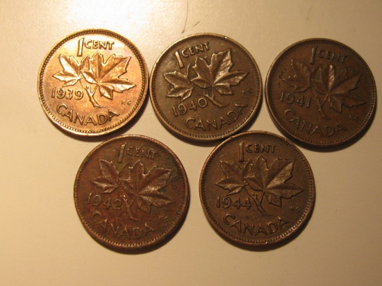 Foreign Coins:  WWII 1939- 1942 & 1944 five Canada 1 Cents