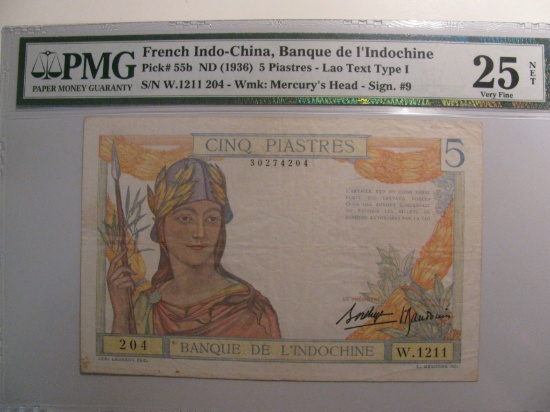Graded Currency; 1936 French Indo China, Bank of Indochina 5 Piadtres