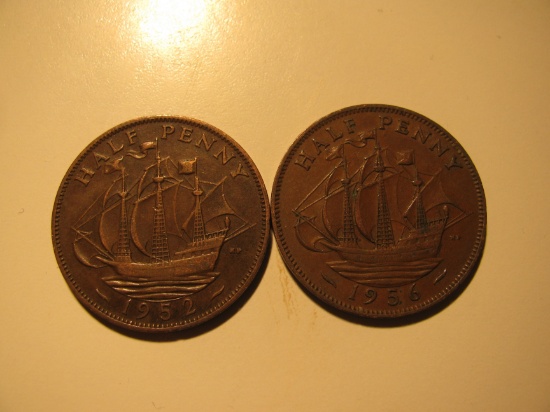 Foreign Coins: 1952 & 1956 Great Britain 1/2 Pennies