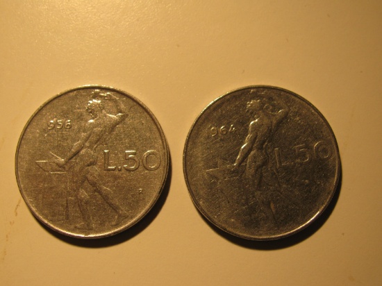 Foreign Coins:  1956 & 1964 Italy 50 Lires