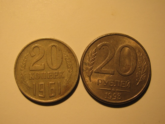 Foreign Coins:  1961 USSR 20 Kopeks & 1993 Russia 20 Rubels